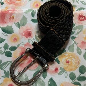 Michael Kors Braided Black Leather Belt Large Silver Horseshoe Buckle